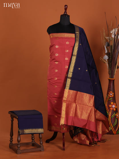 Luminous Red Semi Soft Silk Salwar Suit With Navy Blue Dupatta & Zari Border