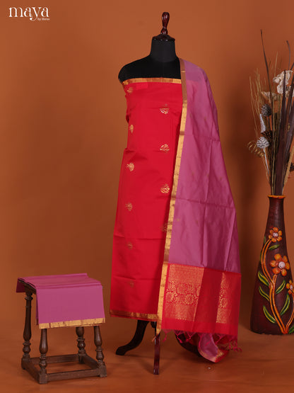 Stunning Red Semi Soft Silk Salwar Suit With Purple Dupatta & Zari Border