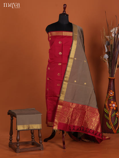 Timeless Red Semi Soft Silk Salwar Suit With Grey Dupatta & Zari Border