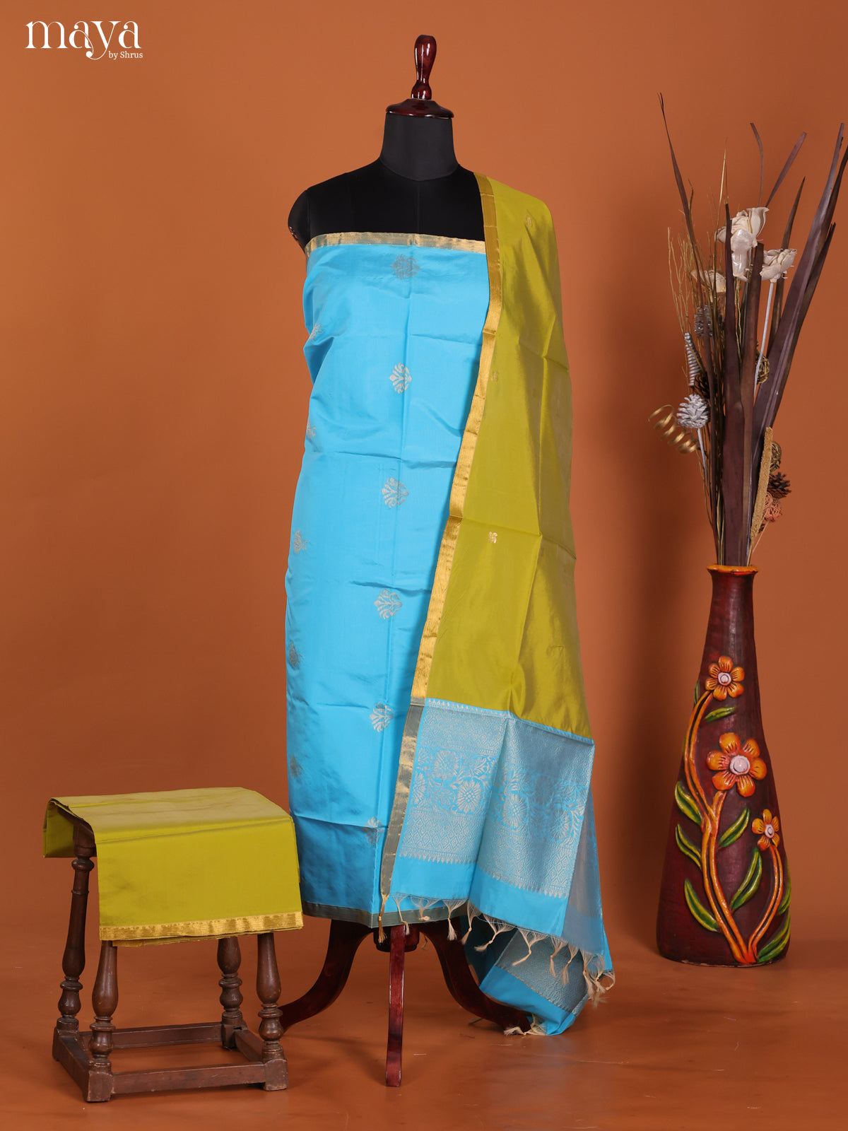 Graceful Blue Semi Soft Silk Suit Set With Zari Buttas & Mustard Green Dupatta