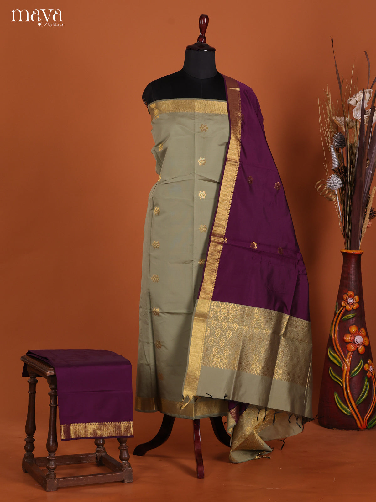 Breezy Grey Semi Soft Silk Salwar Suit With Purple Dupatta & Zari Buttas