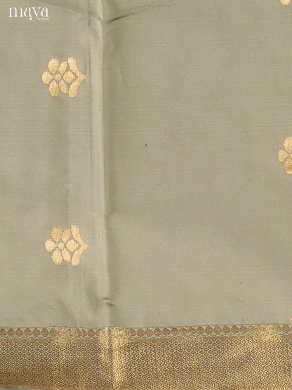 Breezy Grey Semi Soft Silk Salwar Suit With Purple Dupatta & Zari Buttas