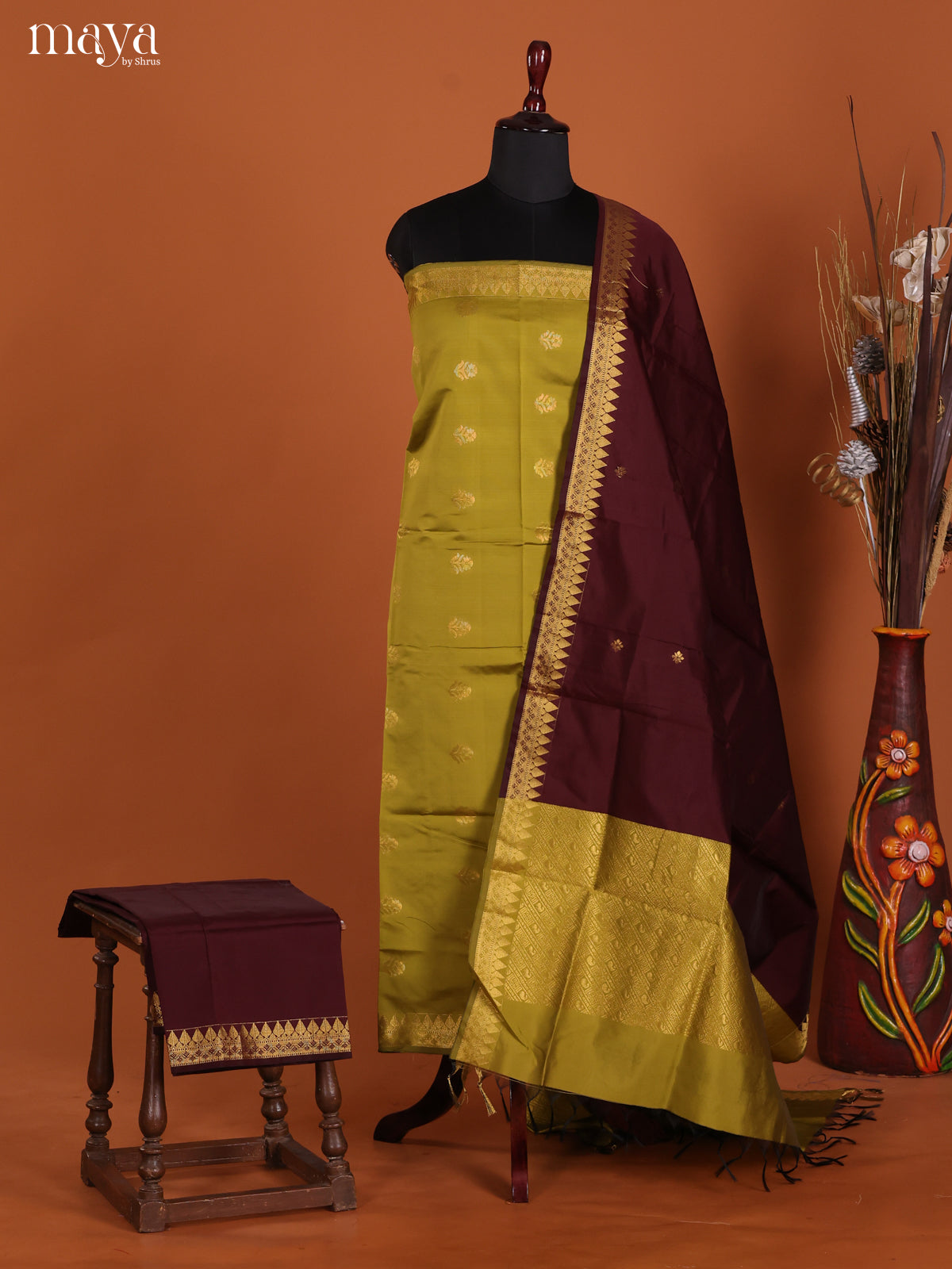 Classy Olive Green Semi Soft Silk Salwar Suit With Maroon Dupatta & Zari Border