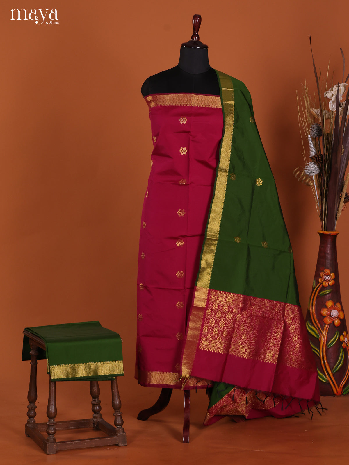 Elegant Red Semi Soft Silk Salwar Suit With Green Dupatta & Zari Border