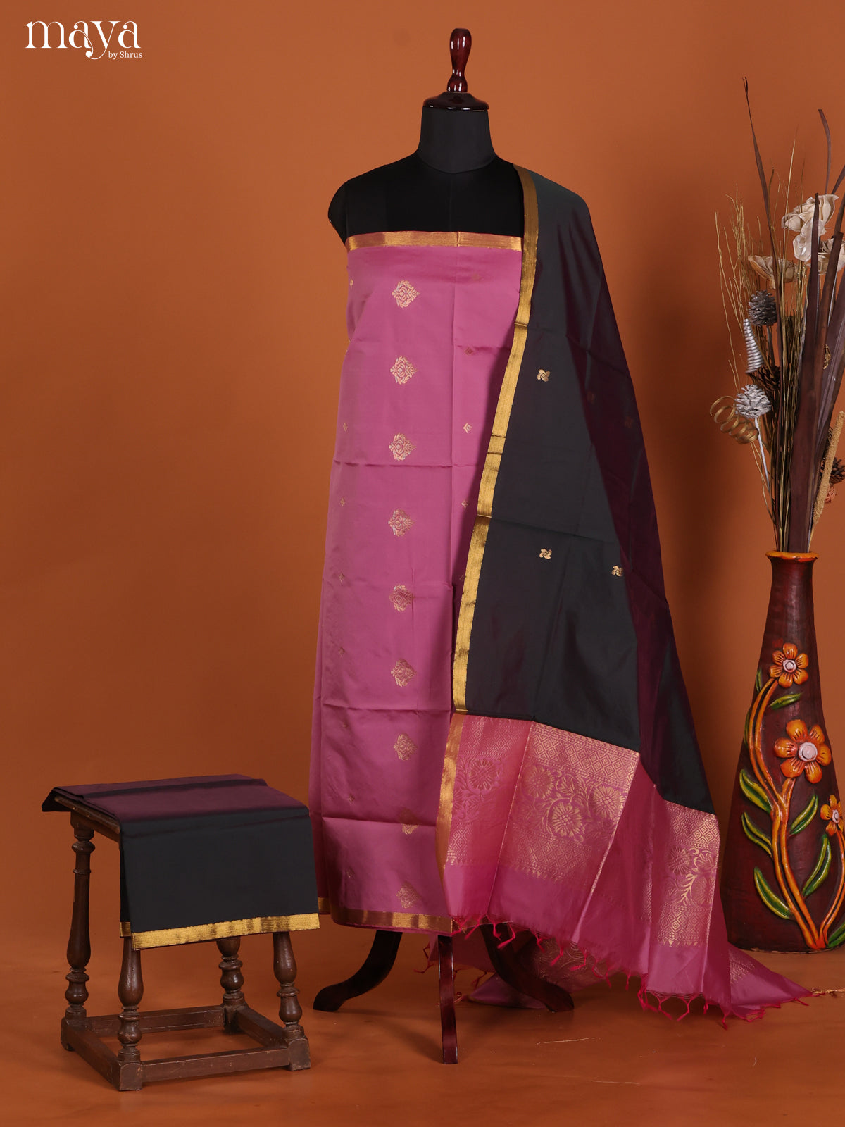 Graceful Pink Semi Soft Silk Salwar Suit With Black Dupatta & Zari Border