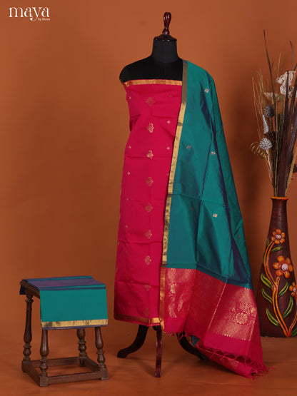 Exquisite Red Semi Soft Silk Salwar Suit With Green Dupatta & Zari Border