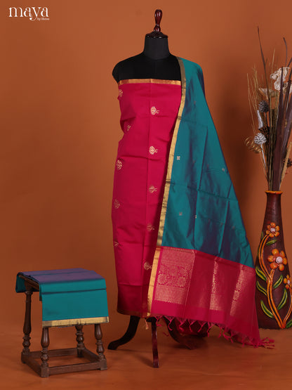 Radiant Pink Semi Soft Silk Salwar Suit With Teal Dupatta & Zari Border