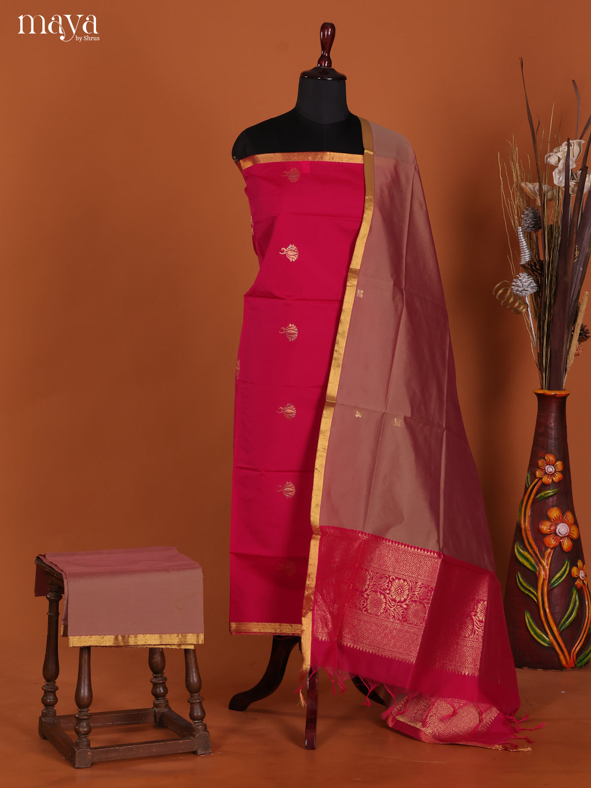 Stylish Pink Semi Soft Silk Salwar Suit With Light Brown Dupatta