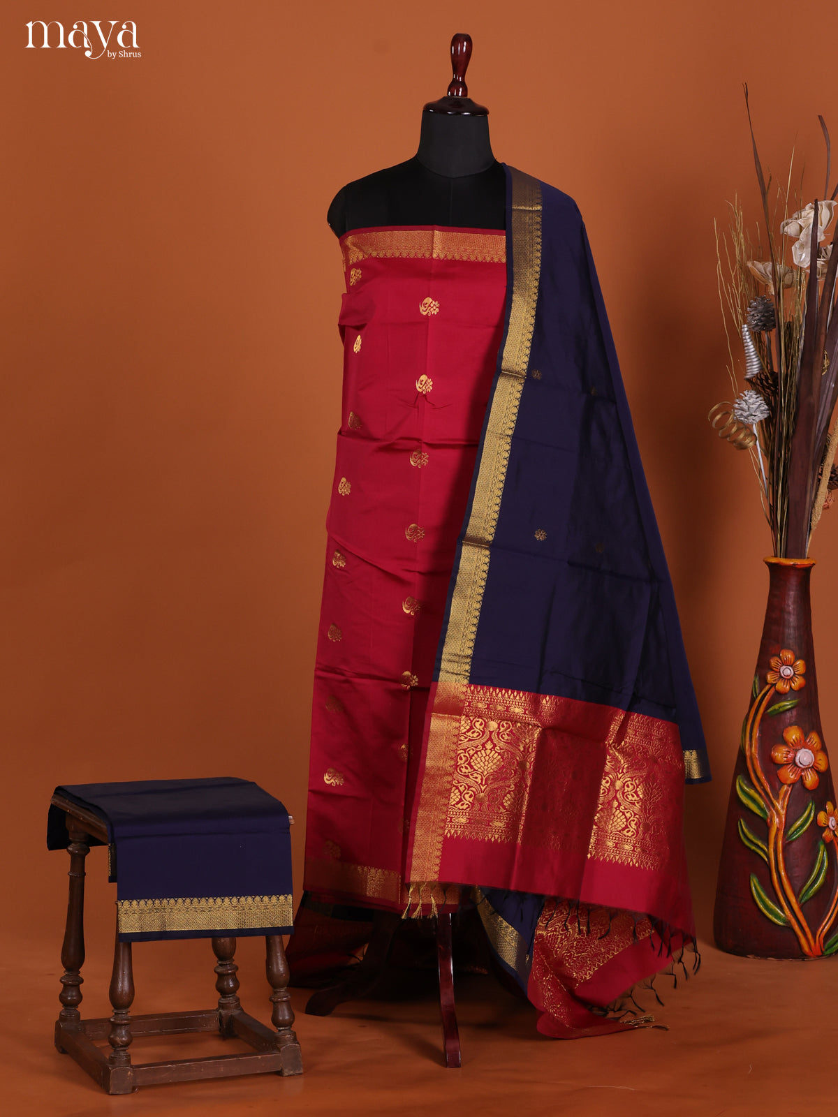 Beautiful Red Semi Soft Silk Salwar Suit With Navy Blue Dupatta & Zari Border