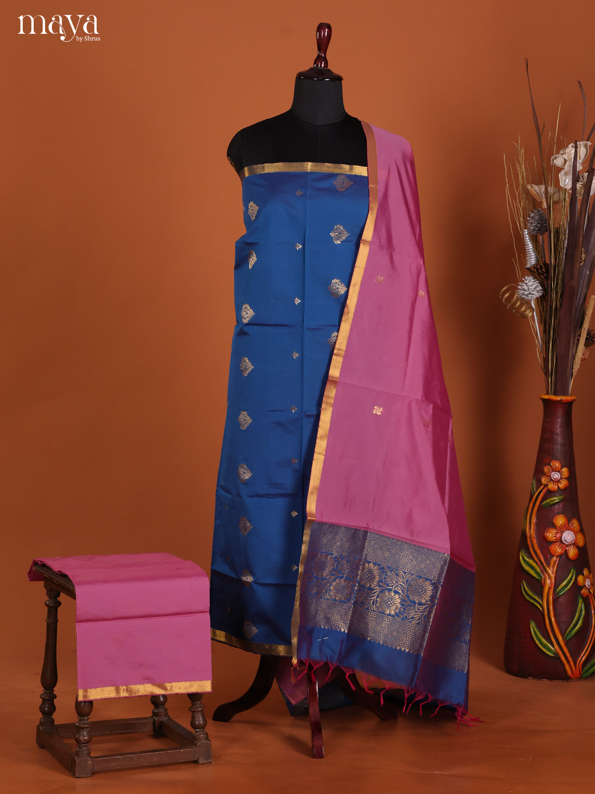 Splendid Blue Semi Soft Silk Salwar Suit With Pink Dupatta & Zari Border