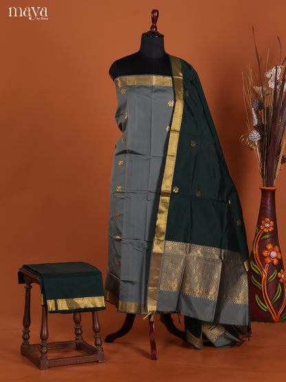 Festive Grey Semi Soft Silk Salwar Suit With Bottle Green Dupatta