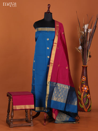 Grand Blue Semi Soft Silk Suit Set With Golden Buttas & Maroon Dupatta