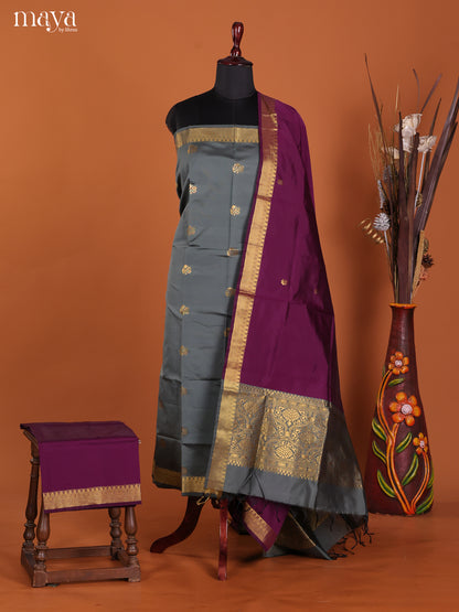 Exquisite Grey Semi Silk Salwar Suit With Zari Buttis & Purple Dupatta