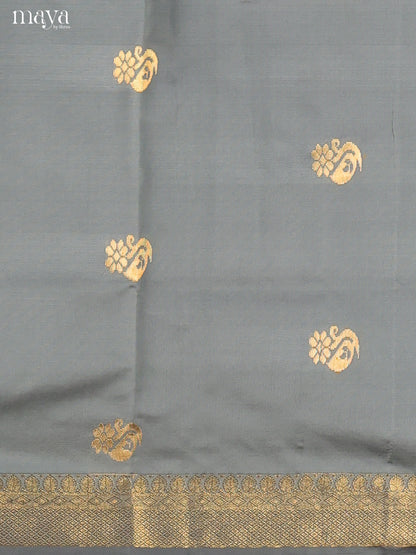 Exquisite Grey Semi Silk Salwar Suit With Zari Buttis & Purple Dupatta