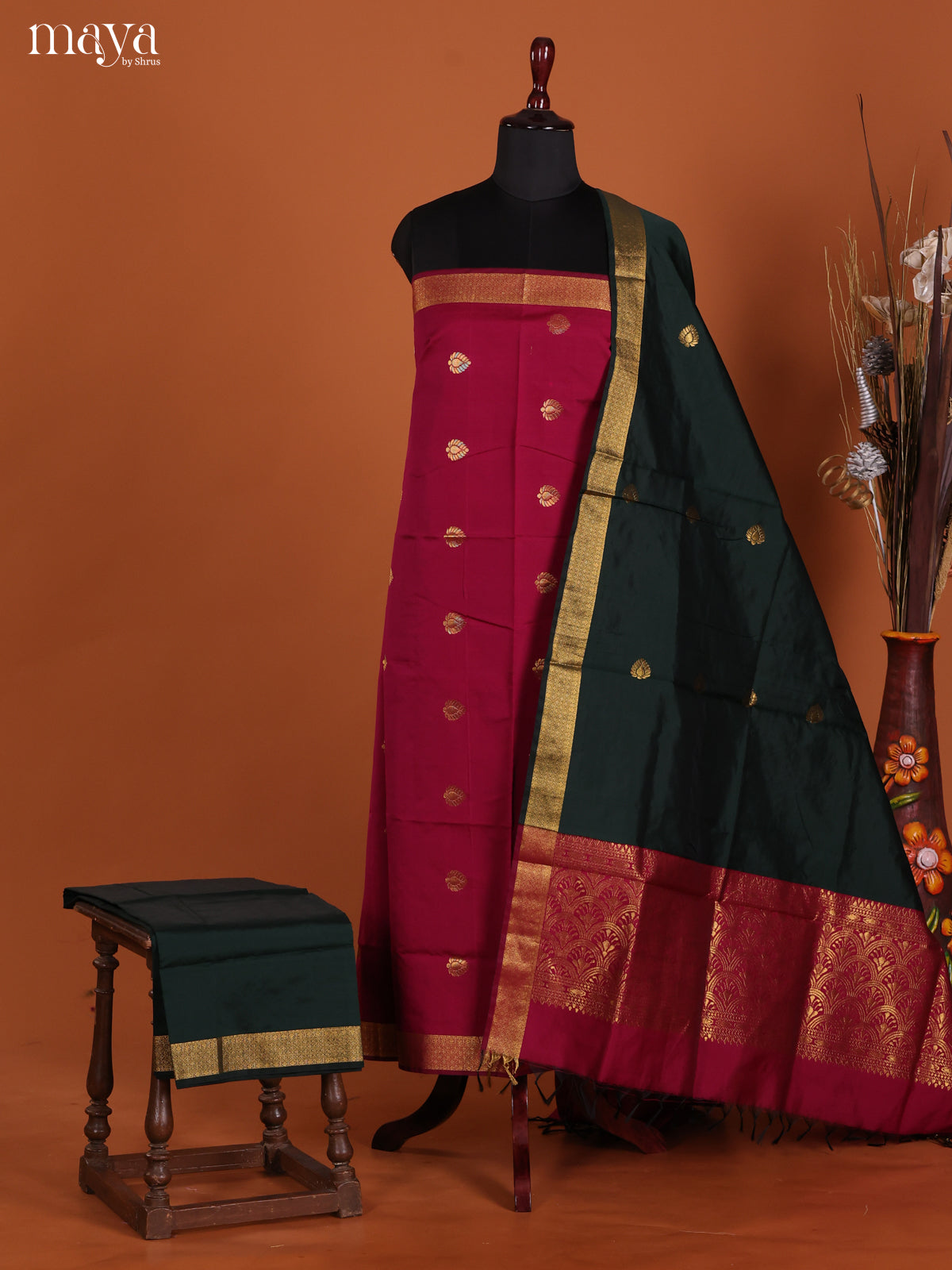 Classic Red Semi Soft Silk Salwar Suit With Green Dupatta