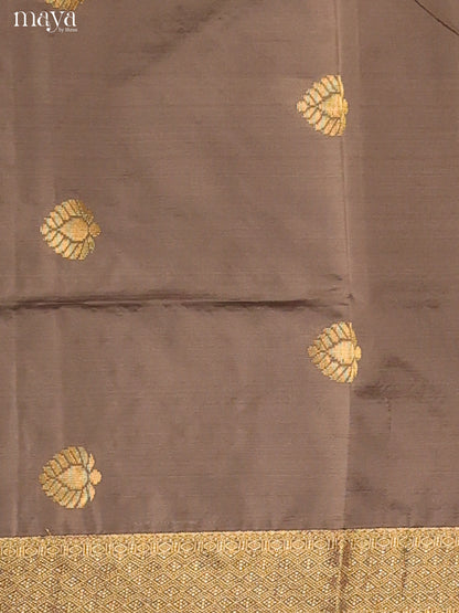 Gorgeous Grey Semi Soft Silk Salwar Suit With Purple Dupatta & Zari Border