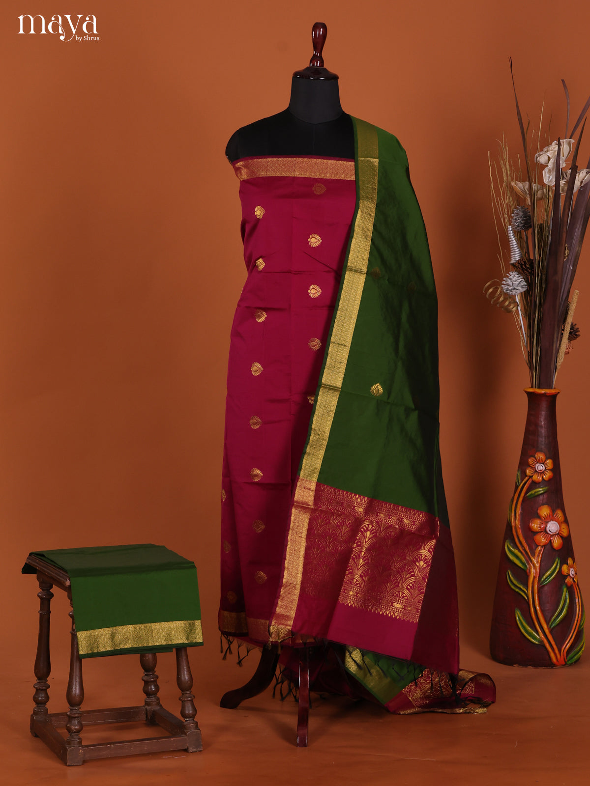 Bright Red Semi Soft Silk Salwar Suit With Green Dupatta