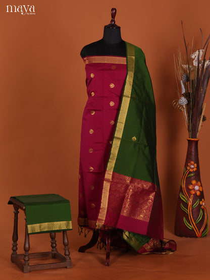 Bright Red Semi Soft Silk Salwar Suit With Green Dupatta