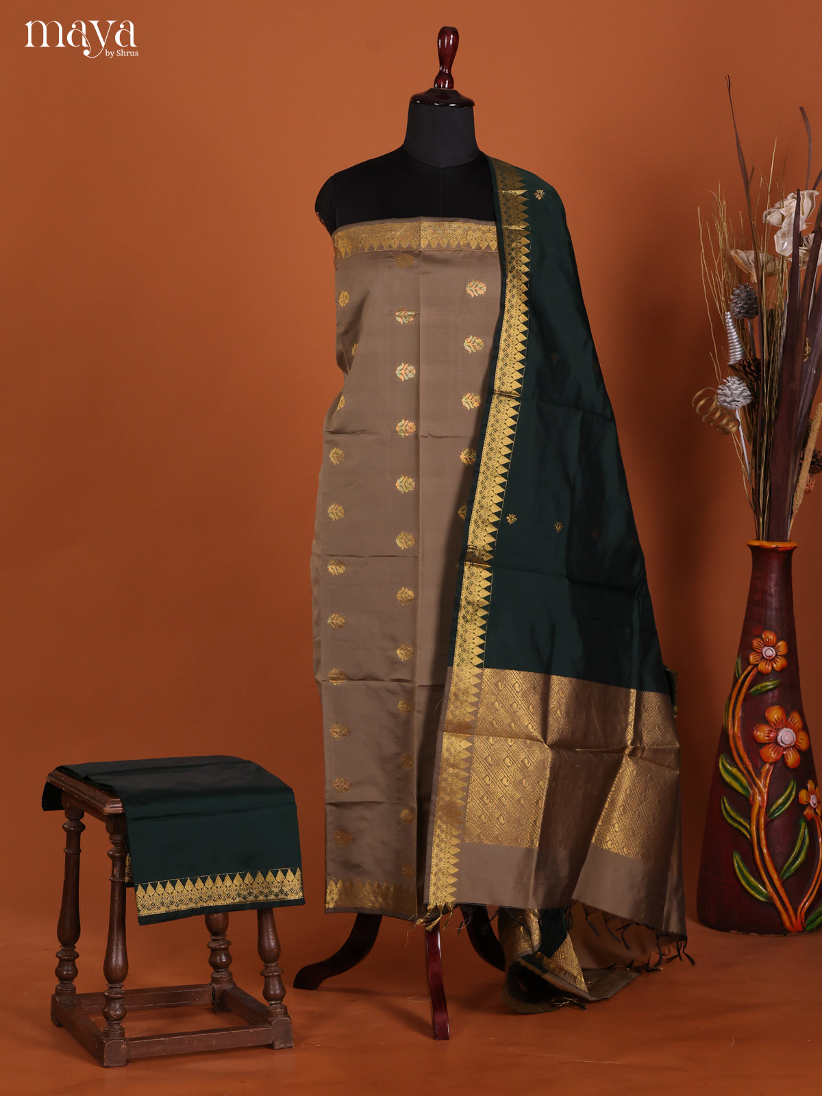 Timeless Grey Semi Soft Silk Salwar Suit With Bottle Green Dupatta