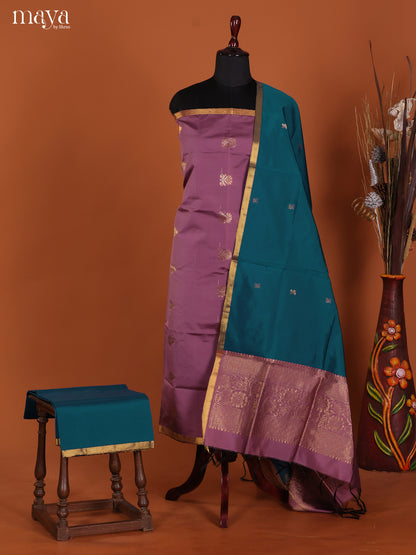 Pretty Lavender Semi Soft Silk Salwar Suit With Peacock Blue Dupatta