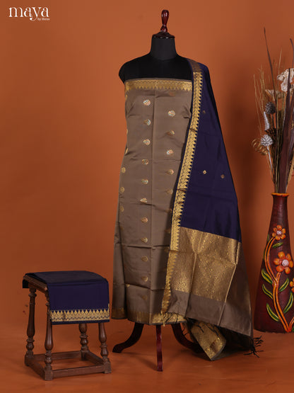 Beautiful Grey Semi Soft Silk Salwar Suit With Navy Blue Dupatta & Zari Border