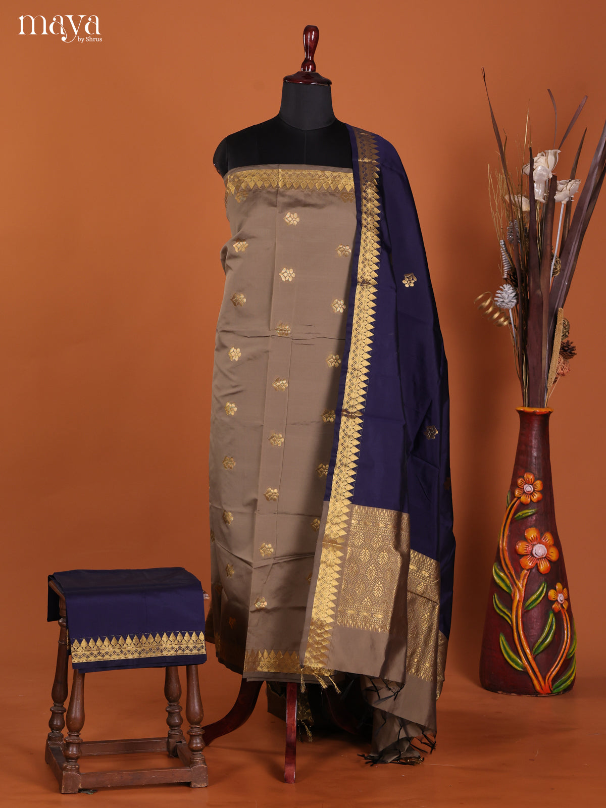 Opulent Taupe Semi Soft Silk Suit Set With Zari Buttas & Navy Blue Dupatta