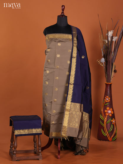 Opulent Taupe Semi Soft Silk Suit Set With Zari Buttas & Navy Blue Dupatta