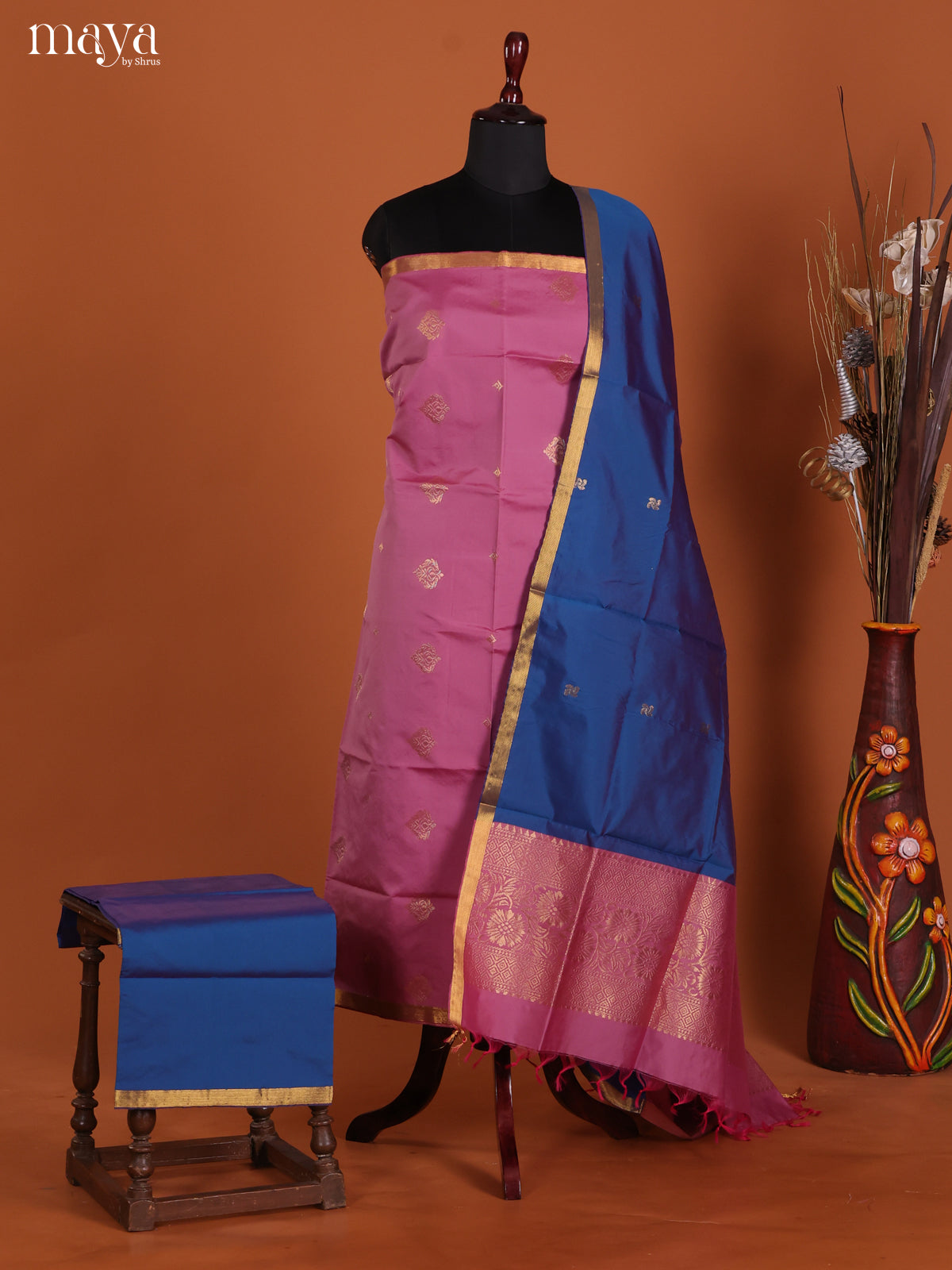 Pretty Pink Semi Silk Salwar Suit With Floral Buttis & Blue Dupatta