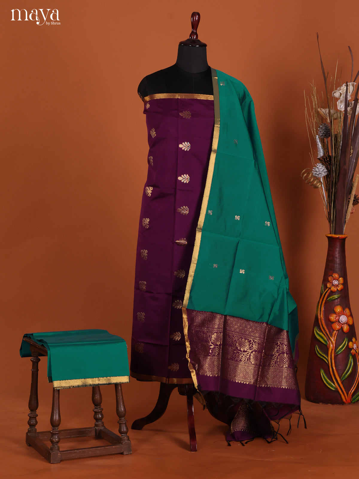 Classy Violet Semi Silk Salwar Suit With Floral Motifs & Green Dupatta