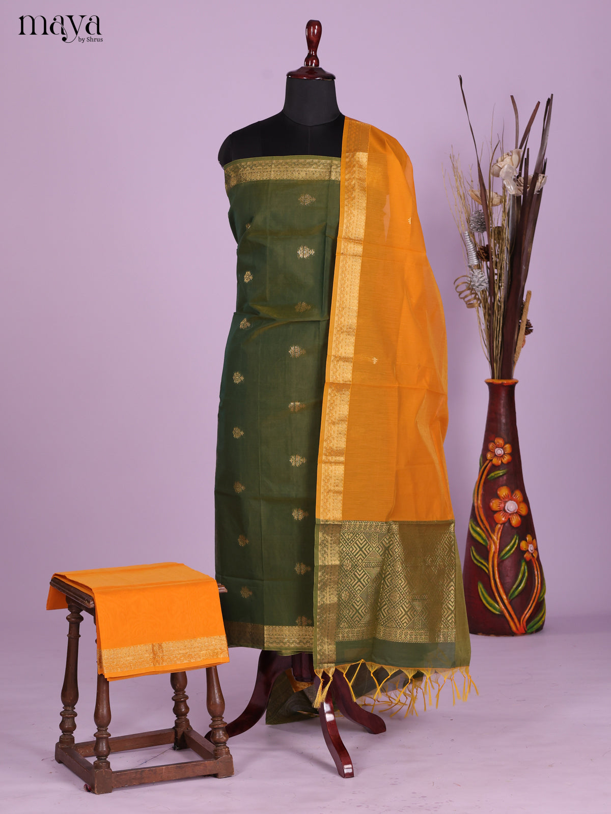 green & Mambazha Yellow-Semi silkcotton salwar unstitch