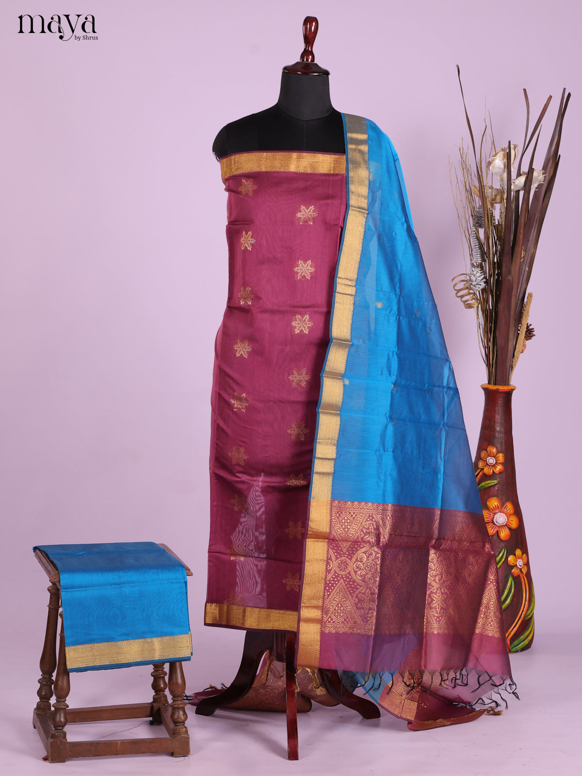 Maroon & Blue -Semi silkcotton salwar unstitch