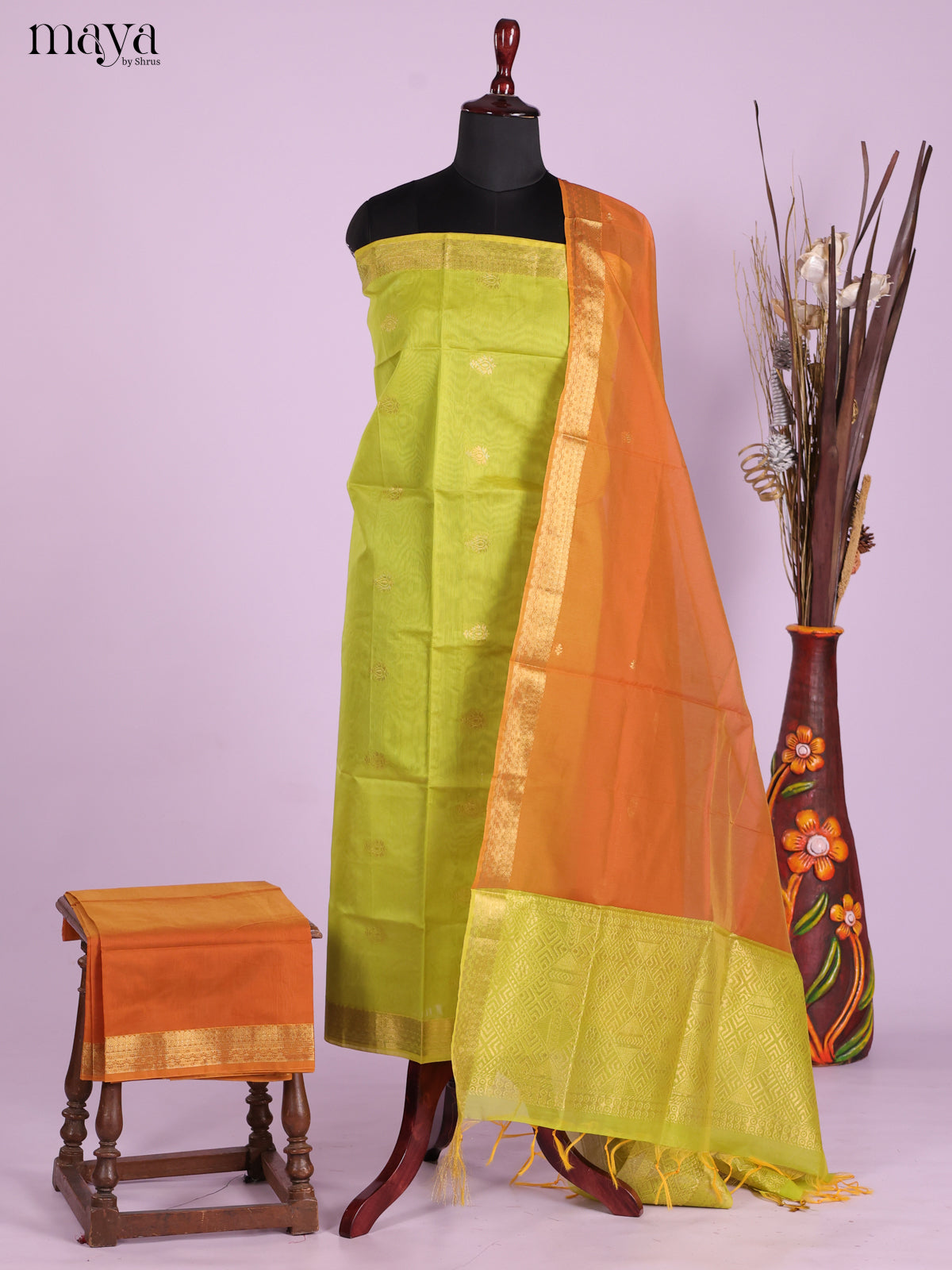 Light Green & Orange-Semi silkcotton salwar unstitch