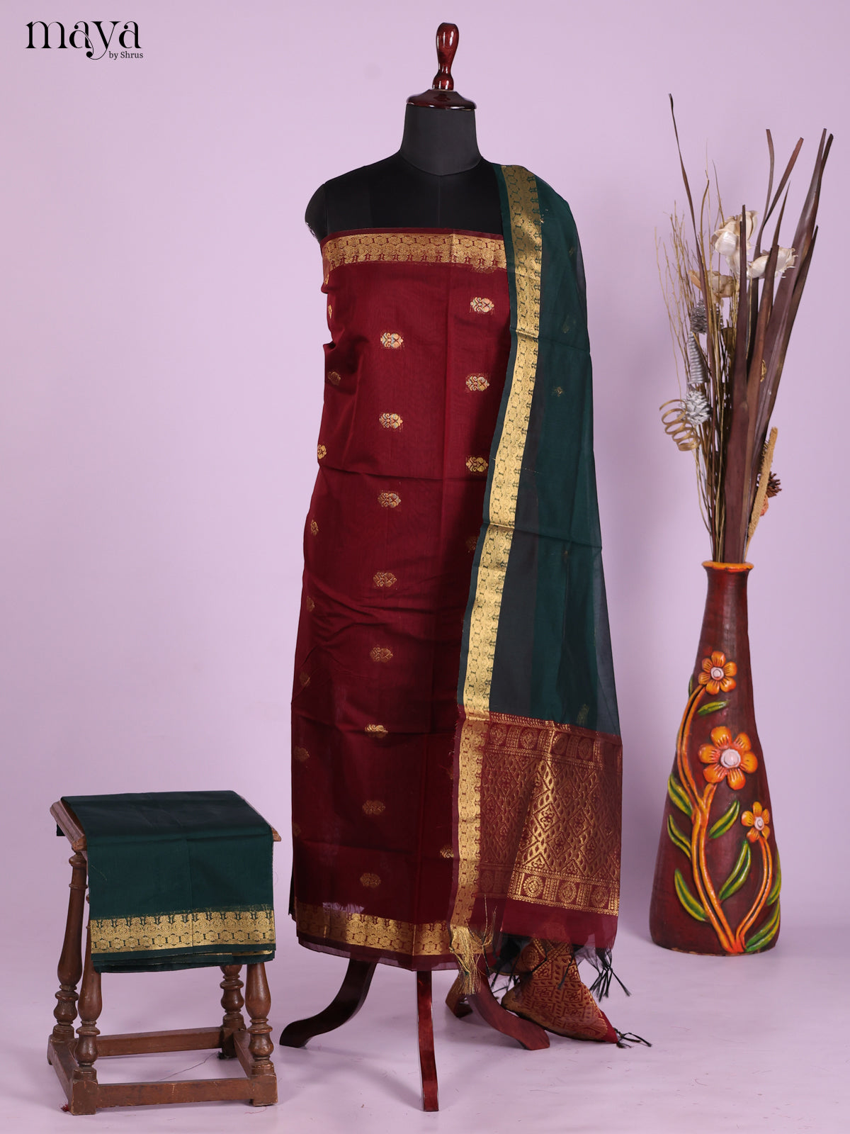 Maroon & Green-Semi silkcotton salwar unstitch