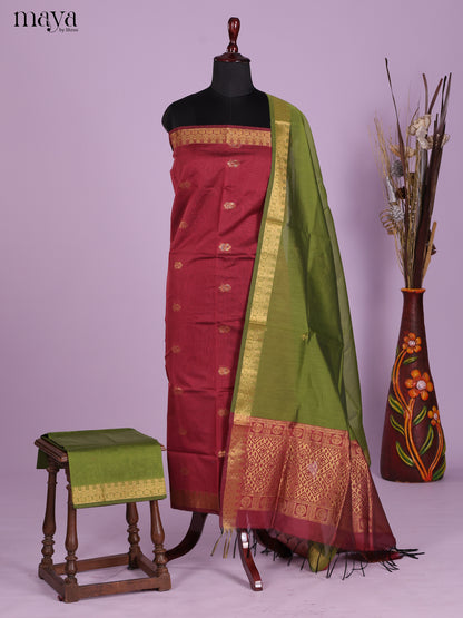 Red & Green-Semi silkcotton salwar unstitch