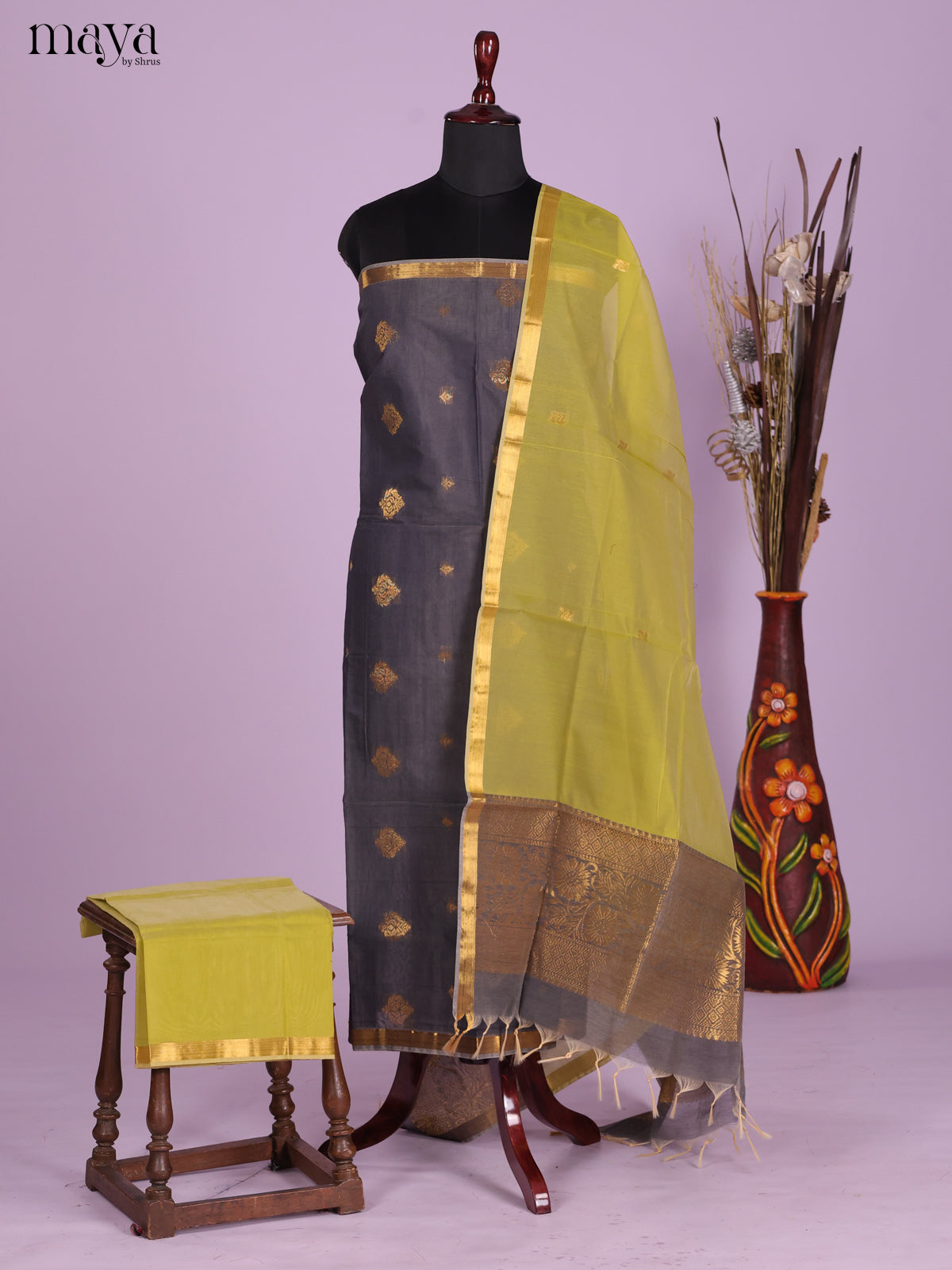 Grey & Green-Semi silkcotton salwar unstitch