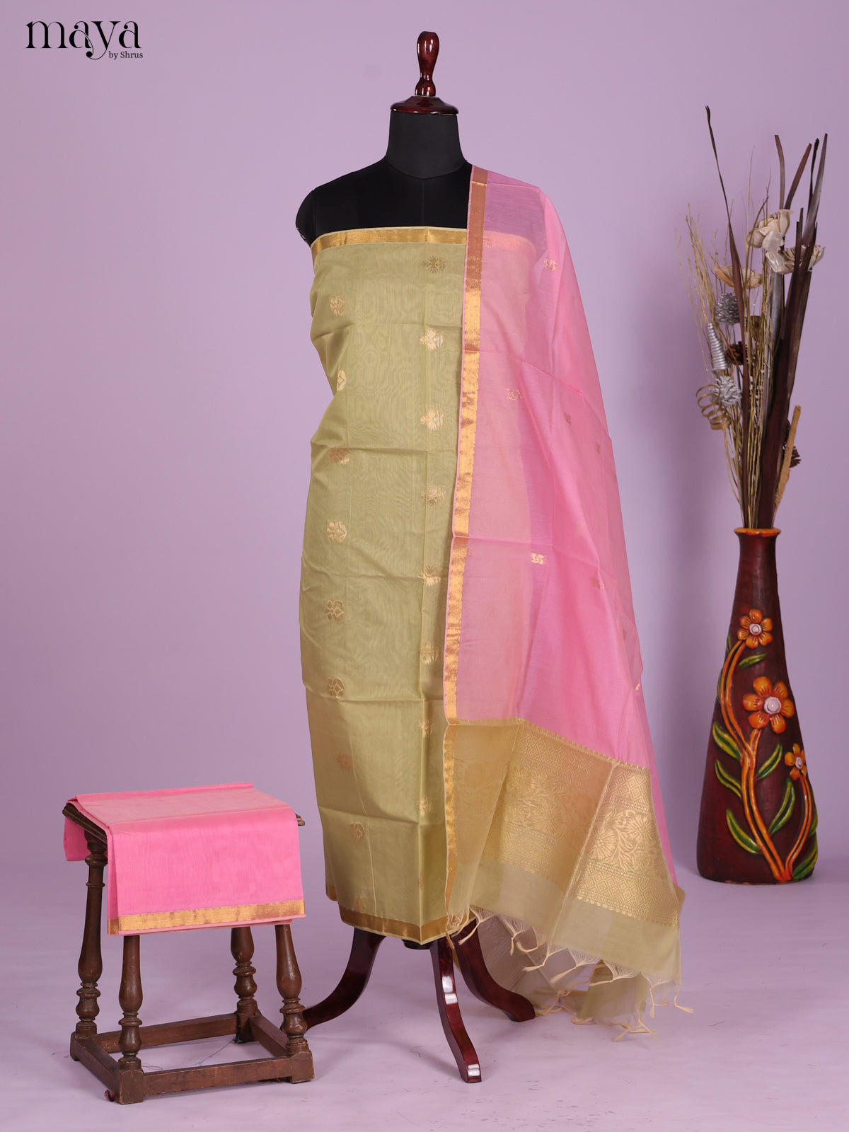 Elachi Green & Pink-Semi silkcotton salwar unstitch