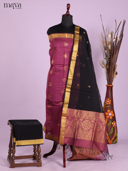 Pink & Black-Semi silkcotton salwar unstitch