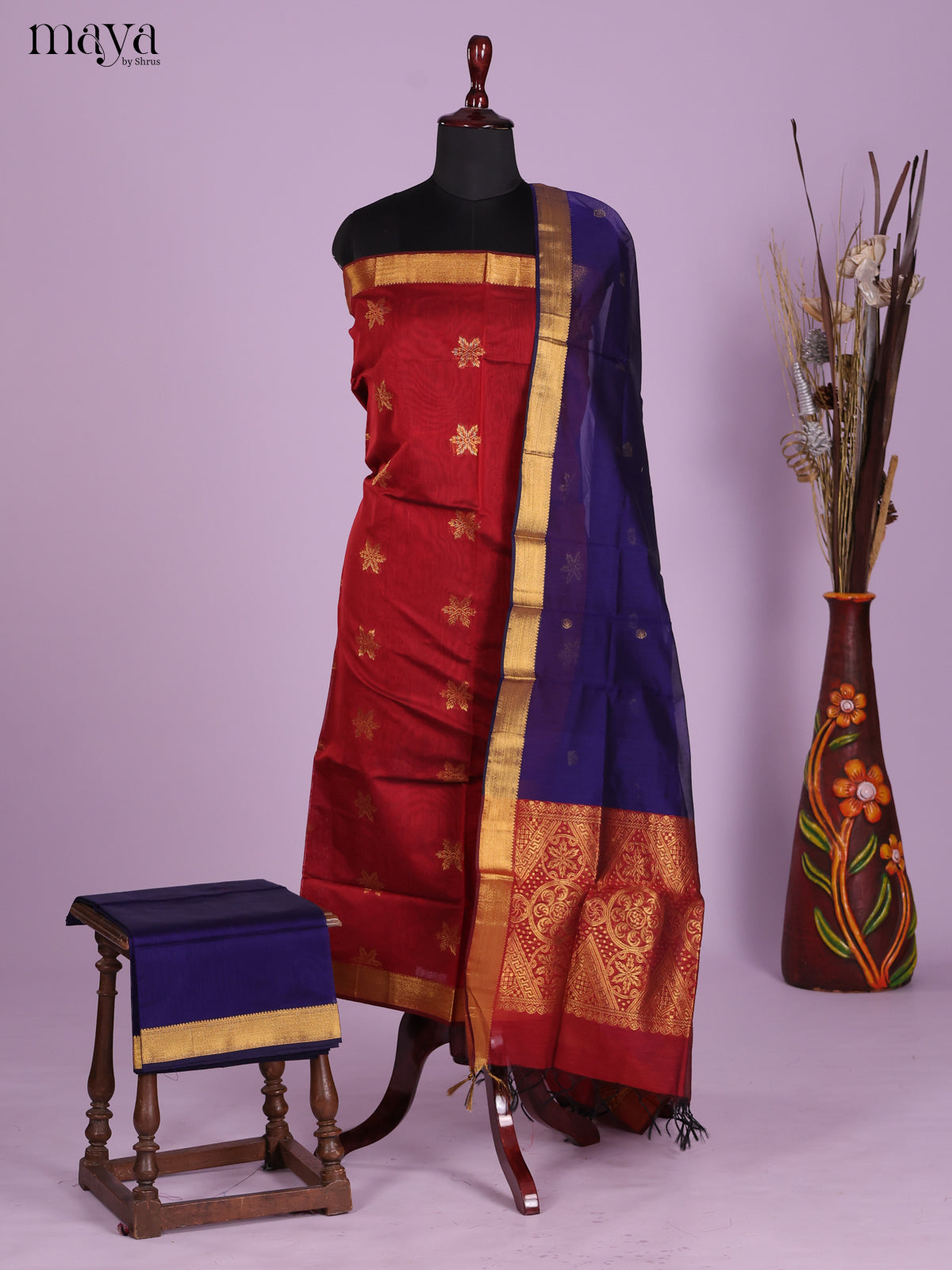 Red & Blue-Semi silkcotton salwar unstitch