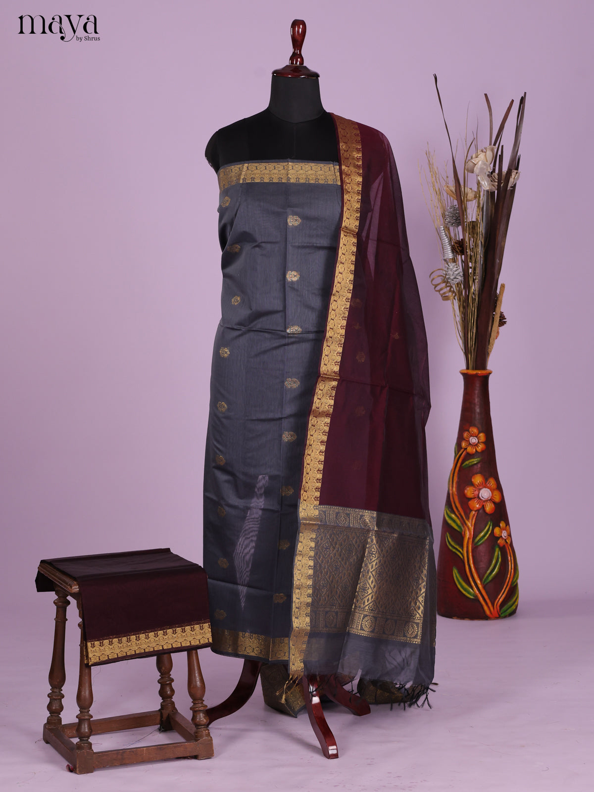 Grey & Maroon -Semi silkcotton salwar unstitch