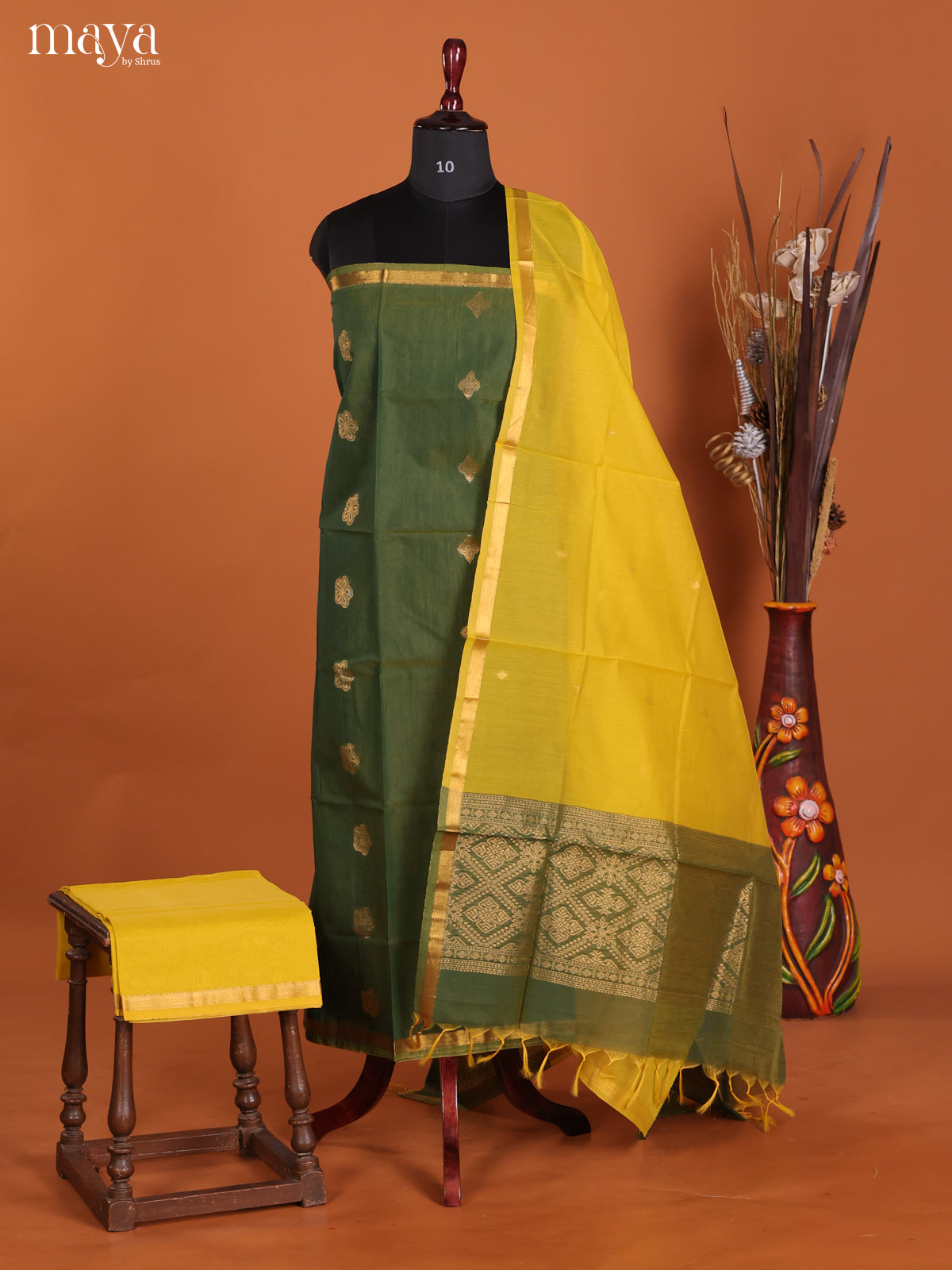 Green & Yellow -Semi silkcotton salwar unstitch