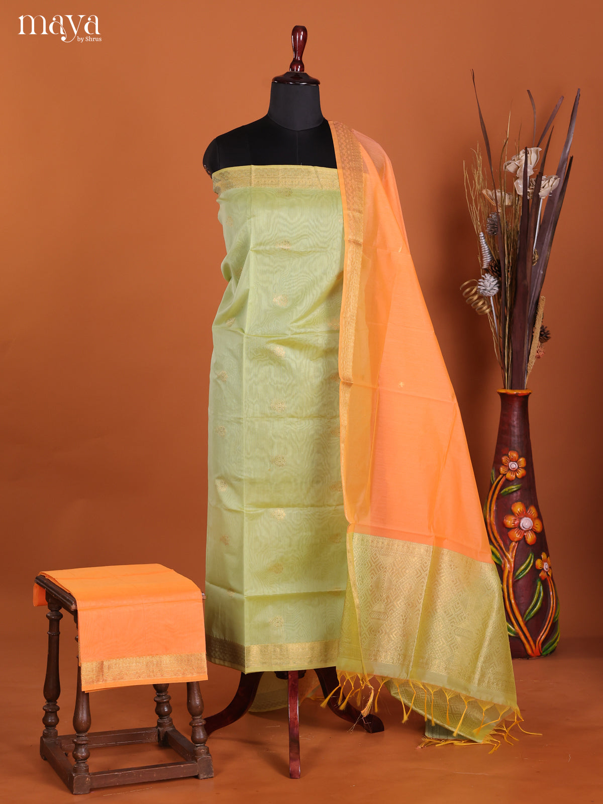 Pista Green & Orange-Semi silkcotton salwar unstitch