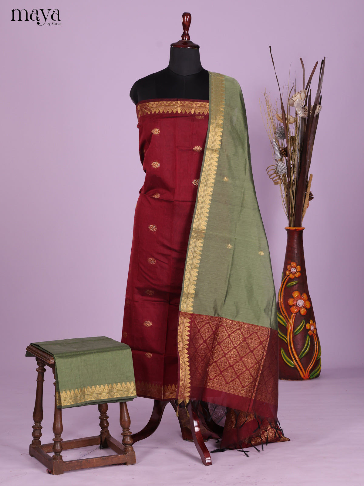 Maroon & Green-Semi silkcotton salwar unstitch