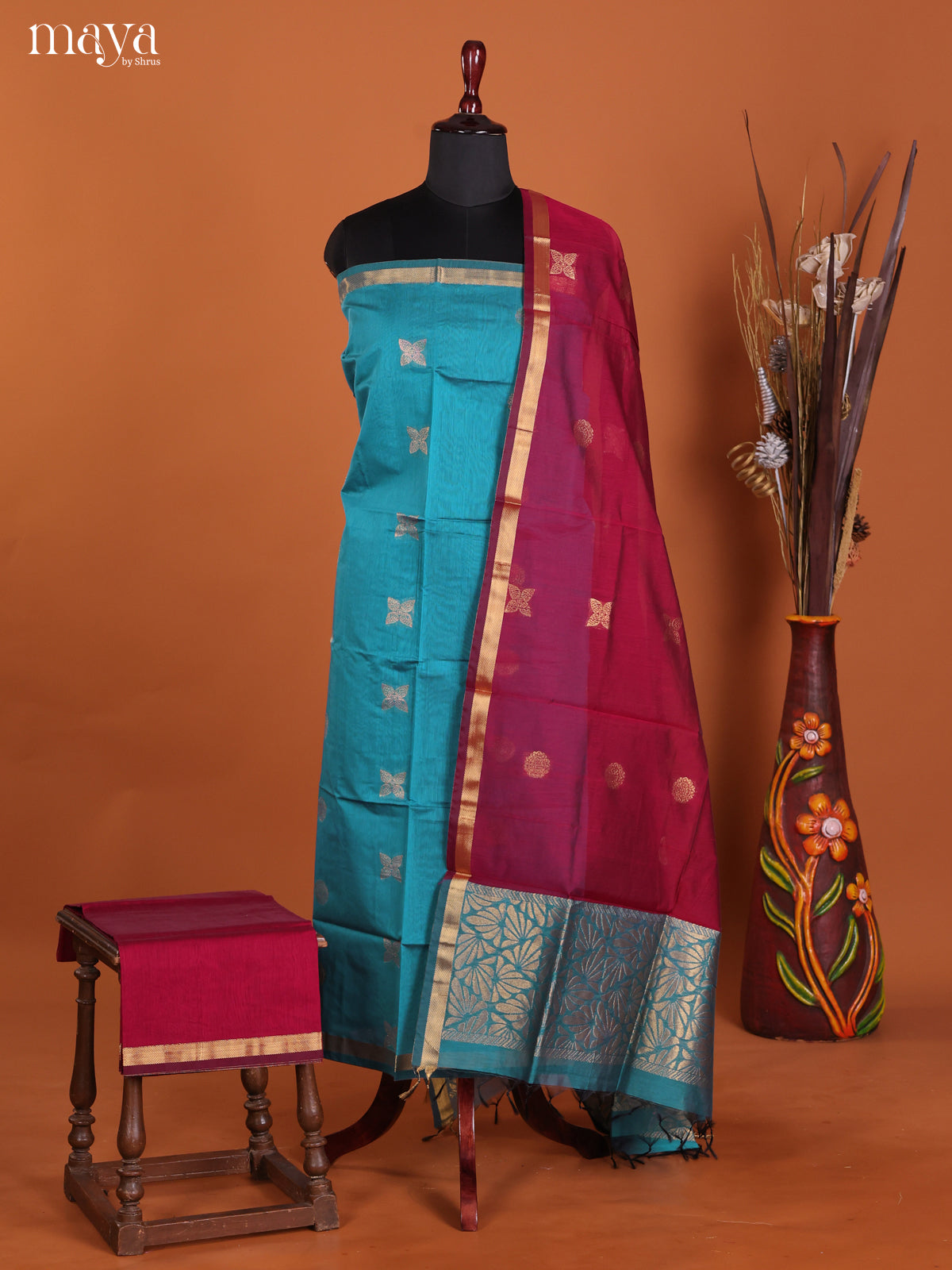 Blue & Maroon -Semi silkcotton salwar unstitch