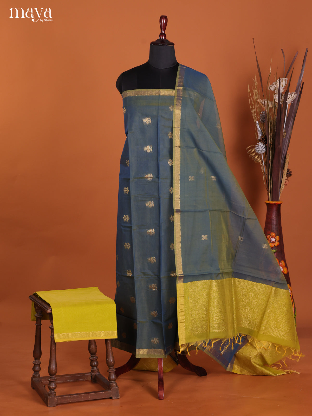 Double Shaded Blue & Lime Green-Semi silkcotton salwar unstitch