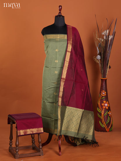 Pastel Green & maroon -Semi silkcotton salwar unstitch