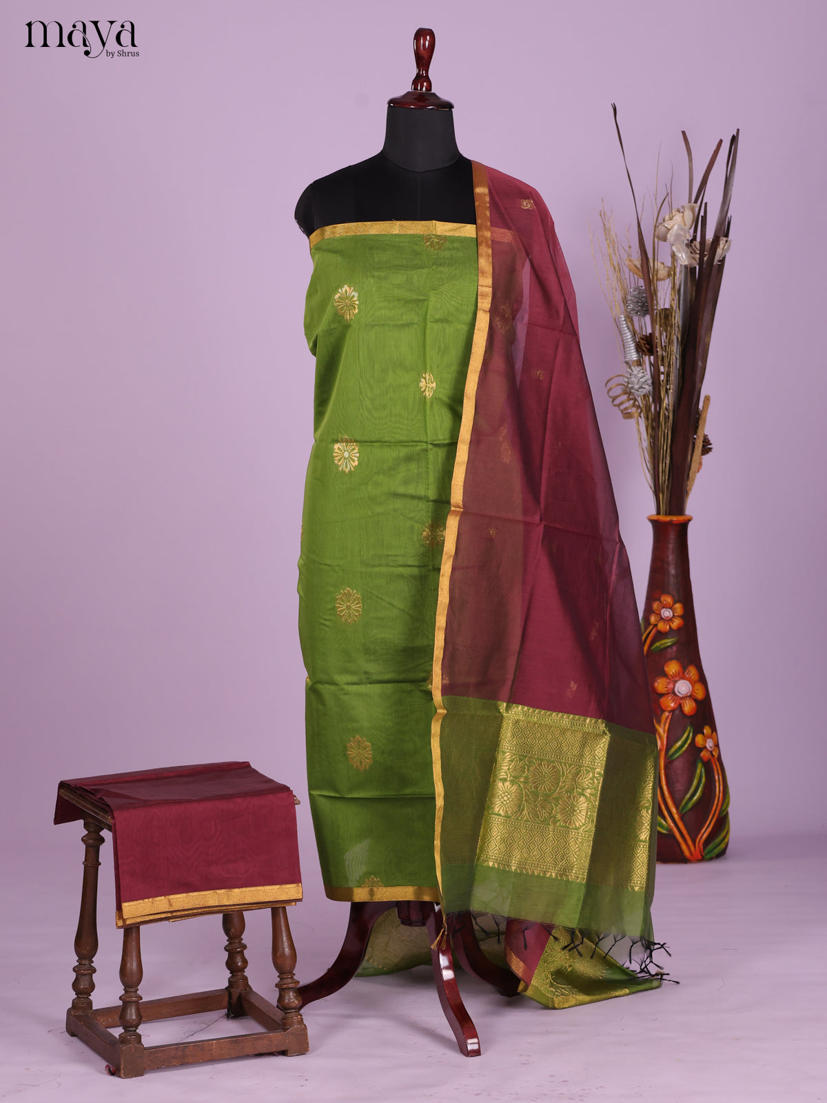 Light Green & Maroon-Semi silkcotton salwar unstitch