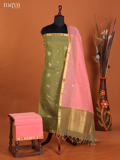 Green & Pink-Semi silkcotton salwar unstitch