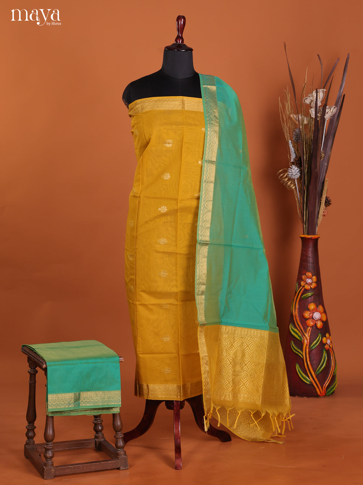 Yellow & Green-Semi silkcotton salwar unstitch