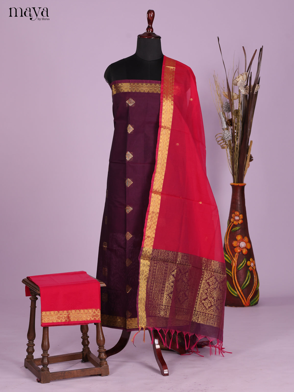 Violet & Red -Semi silkcotton salwar unstitch