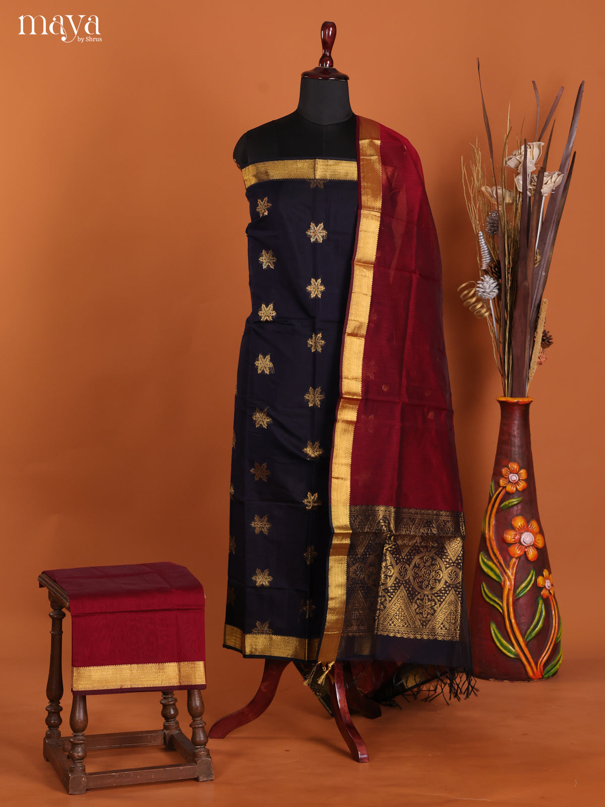 Blue & Maroon -Semi silkcotton salwar unstitch